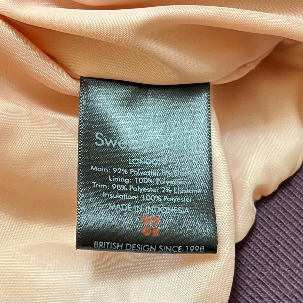 SWEATY BETTY Velvet Puffer Jacket Purple Gold Zipper Shimmer Pockets Size Small - Picture 13 of 14